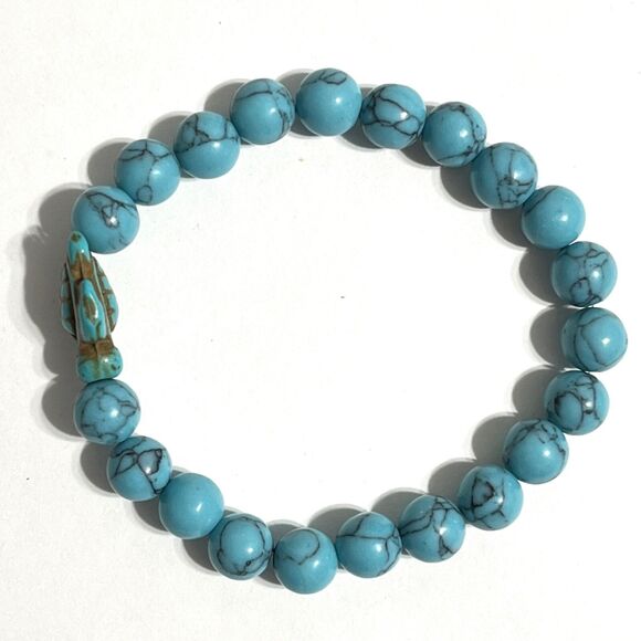 Sea Turtle Howlite Stone Beaded Stretch Bracelet Blue Simulated Turquoise Ocean - Picture 8 of 10